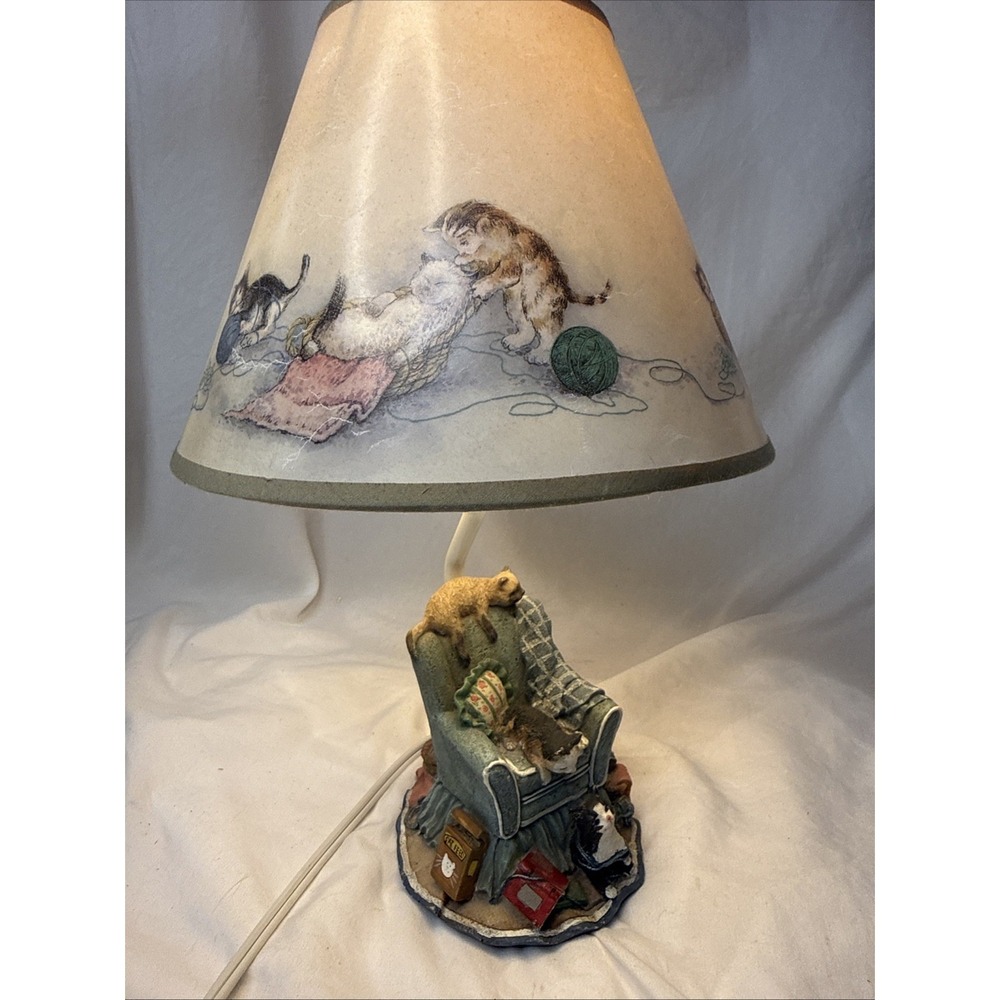 Vintage Cat Lady Table Lamp Chair Cats Kittens Yarn Comfy Chair Resin Grannycore